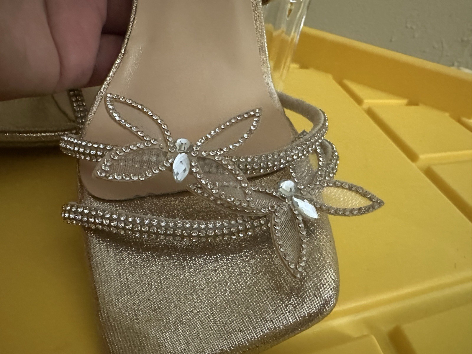 Beige Rhinestone Strappy Ankle Strap Block Heel Open Toe Sandals Size 8