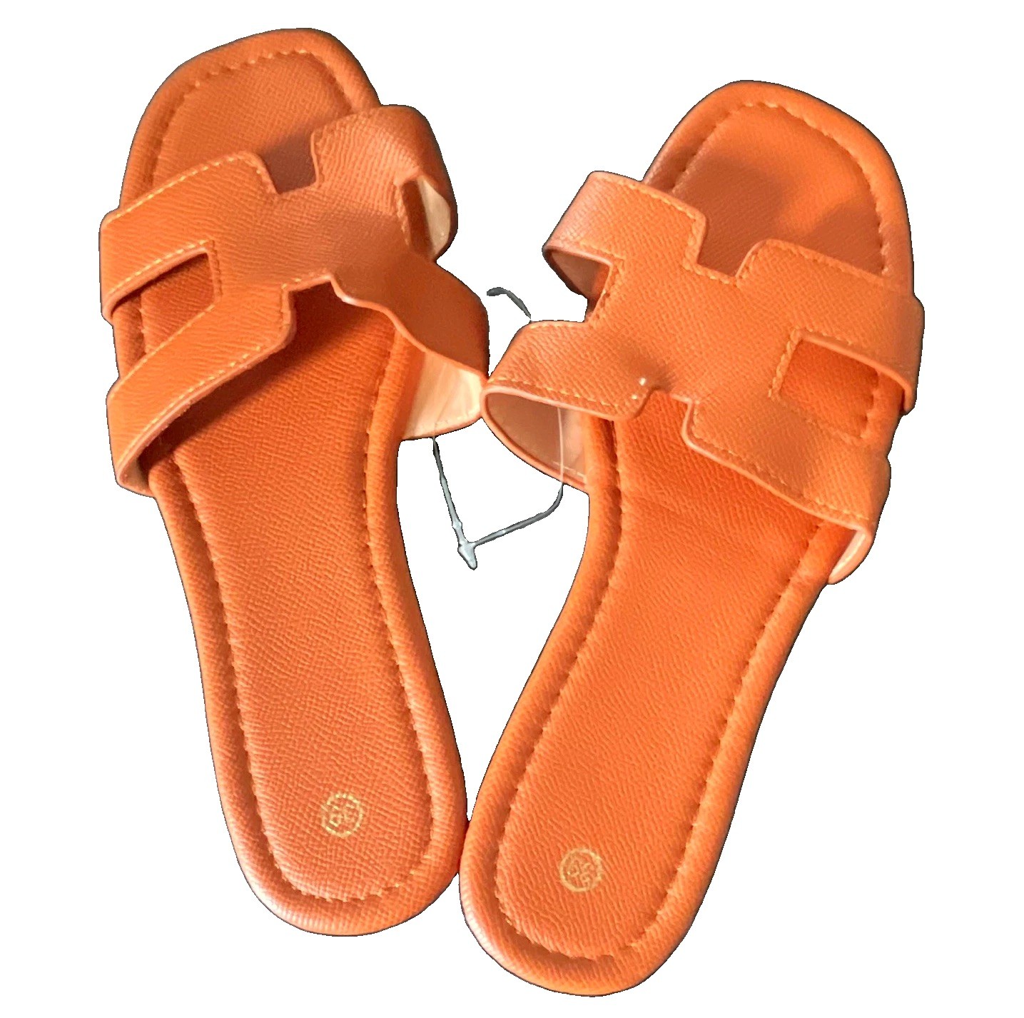 Women’s Tan Solid Leather H-Strap Open Toe Slide Sandals Slip-On US 7.5