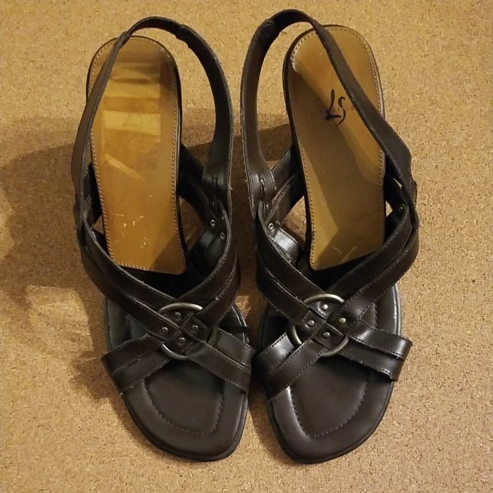 LifeStride Women’s 7M Slasher Brown Heeled Sandal Slip On Straps Elastic Strap