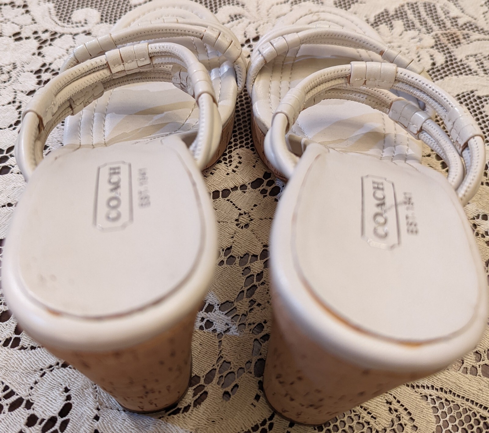 COACH 9 WHITE LEATHER JASLEEN STRAPPY SANDAL 4.75″ HIGH CORK HEEL 1.25″ PLATFORM