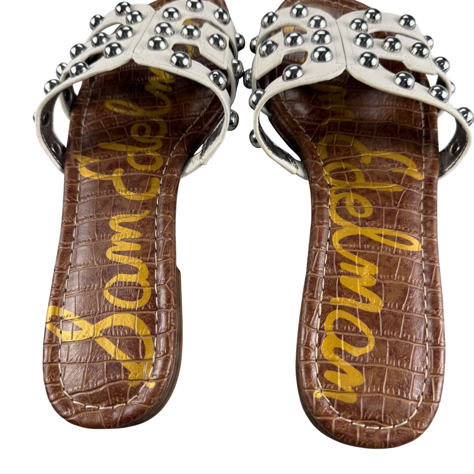 Sam Edelman Bay Studded Slide Sandals White Saddle Croc Embossed Leather 8.5